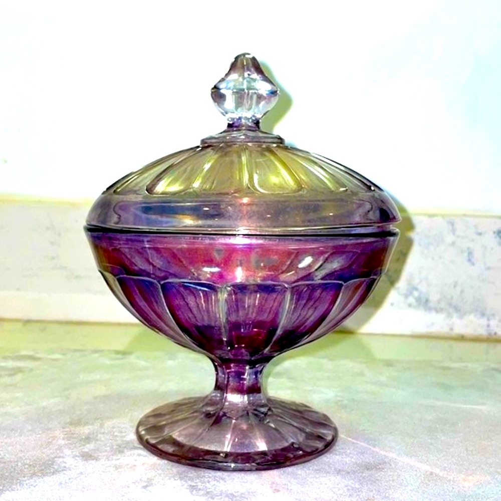 Antique Carnival Glass Covered Candy Jar Clear Amethyst Iridescent Signed Heisey